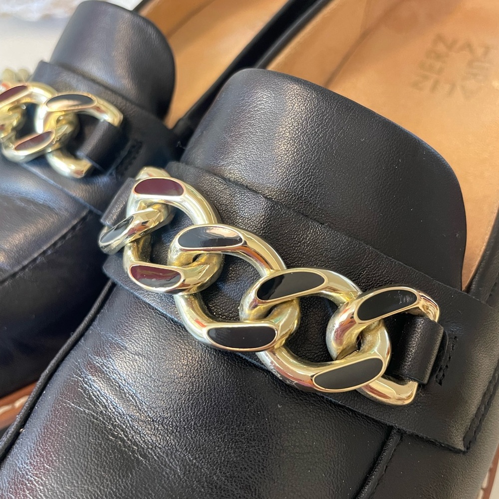 Naturalizer Black Chunky Loafers with Gold Chain Accent